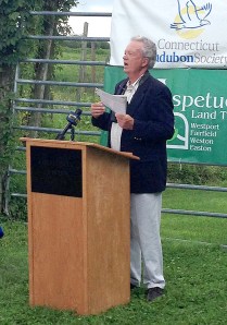 Hour photo/Chris Bosak Milan Bull of Connecticut Audubon speaks during the press conference to introduce the 2014 Connecticut State of Birds report Monday at Trout Brook Valley conservation area in Easton.