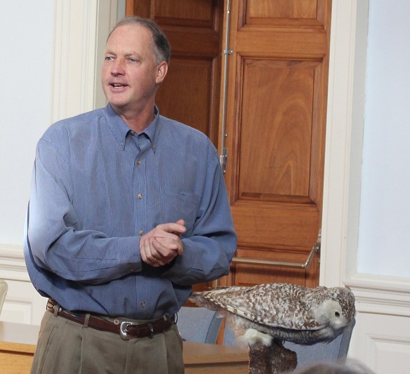 Photo by Chris Bosak CT Audubon President Alex Brash speaks during a Snowy Owl presention at Milford City Hall on Sunday, Jan. 25, 2015.