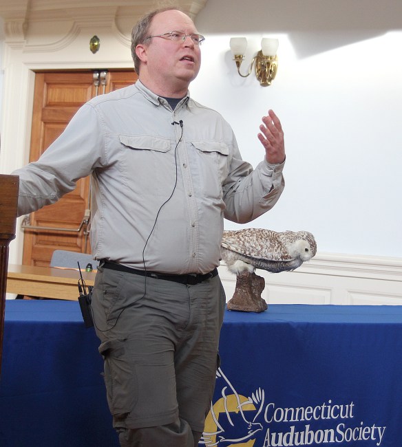 Photo by Chris Bosak Don Crockett of Project SNOWStorm talks about Snowy Owls at a presenation at Milford City Hall on Sunday, Jan. 25, 2015.